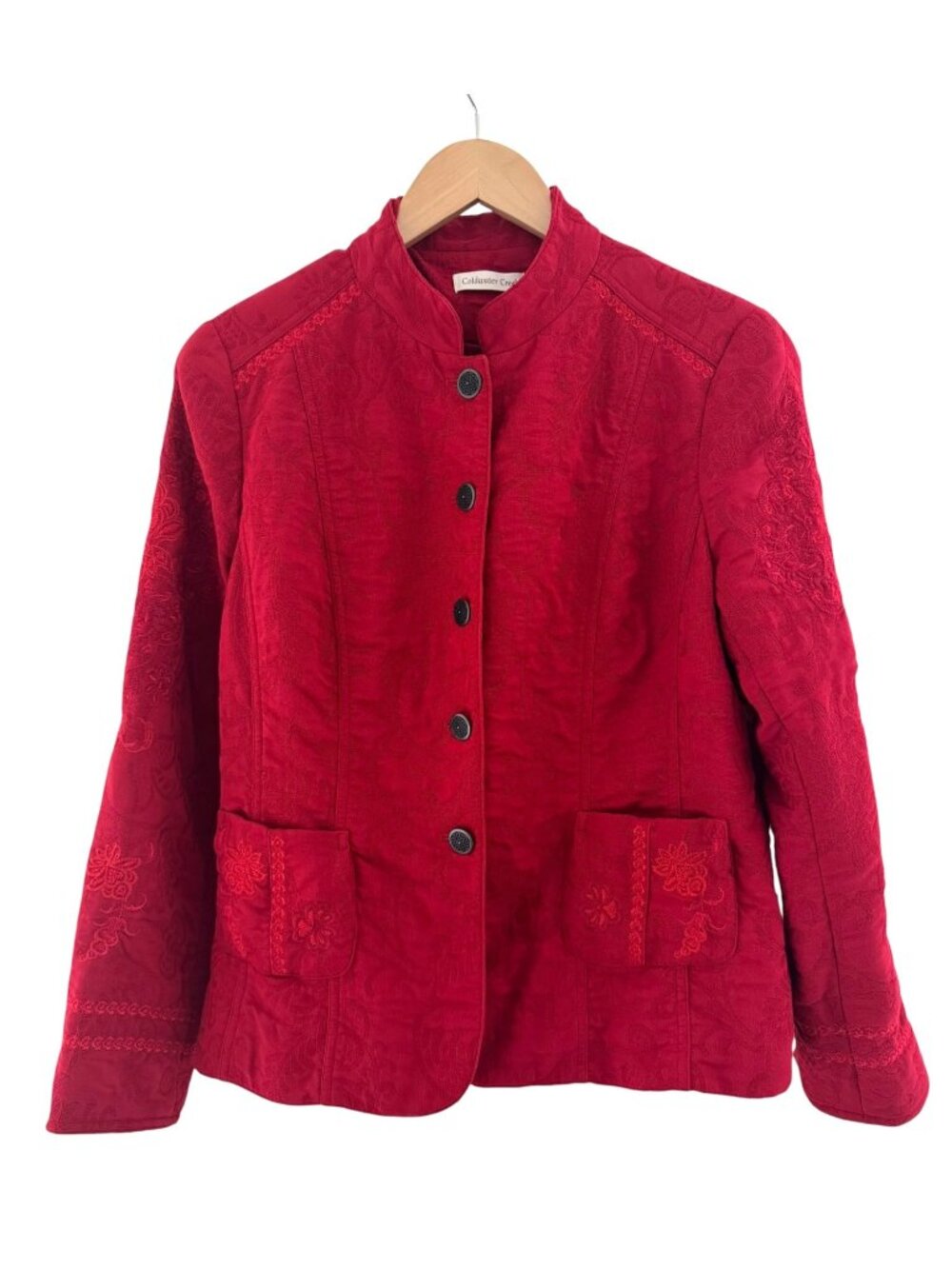 Coldwater Creek Red Jacquard Button Jacket Size 14 Blazer Pockets Coat Holiday